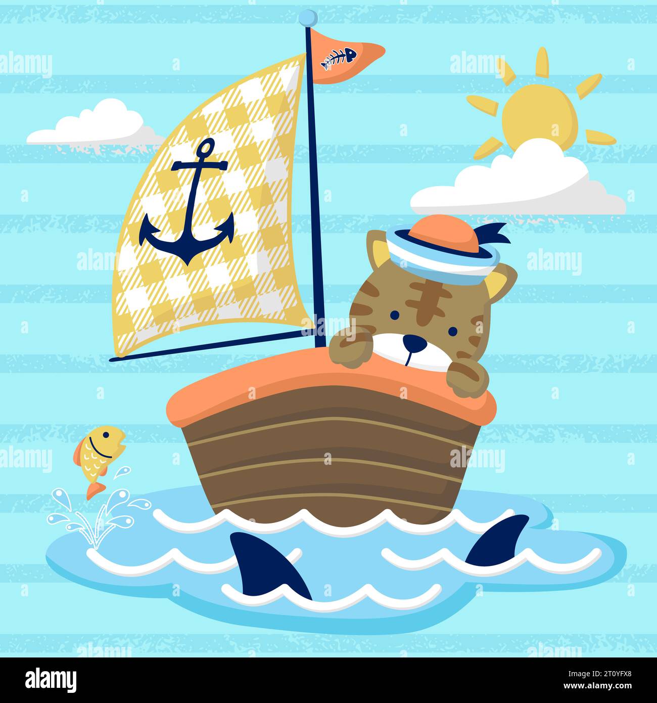 divertido gato marinero de dibujos animados en velero bajo ataque de tiburón Ilustración del Vector