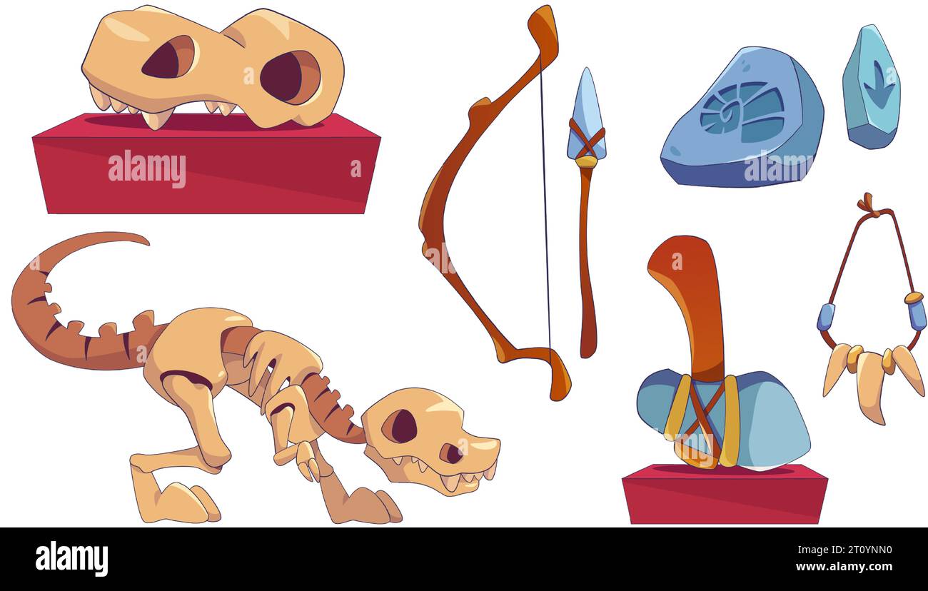 Elementos de diseño del museo de arqueología establecidos aislados sobre fondo blanco. Ilustración vectorial de dibujos animados contemporánea de cráneo y esqueleto de dinosaurio, herramientas de la edad de piedra y arma, amuleto, huellas fósiles Ilustración del Vector