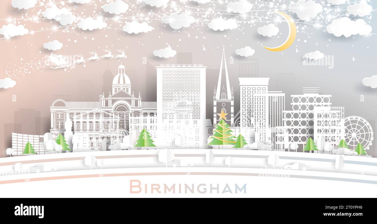 Birmingham Reino Unido. Horizonte de la ciudad del invierno en estilo de corte de papel con copos de nieve, luna y guirnalda de neón. Concepto de Navidad y Año Nuevo. Ilustración del Vector