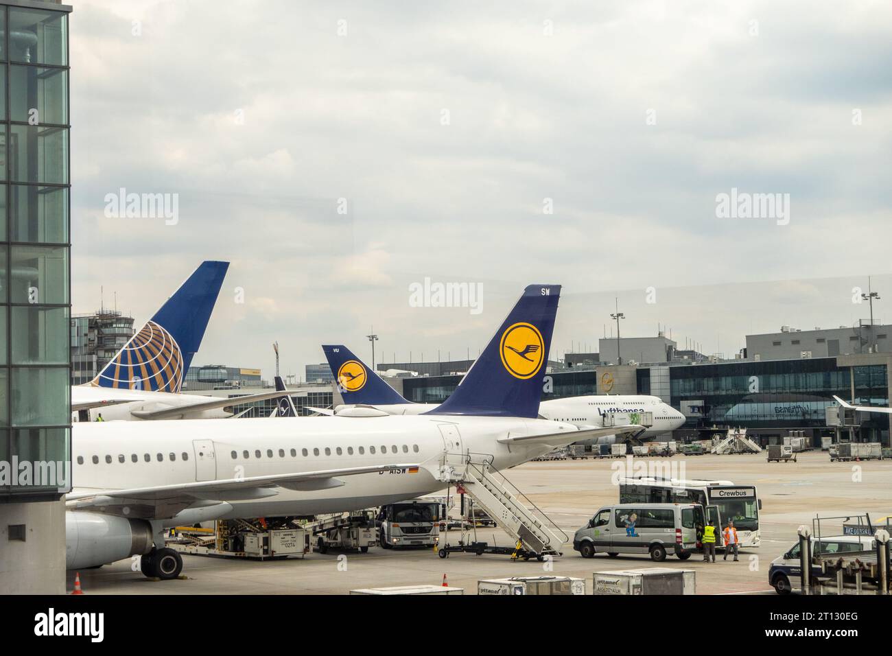 Frankfurt, Alemania - 7 de junio de 2023 - vista en las aletas de cola de varios aviones de Lufthansa en una rampa de la puerta de Lufthansa en el aeropuerto de Frankfurt Foto de stock
