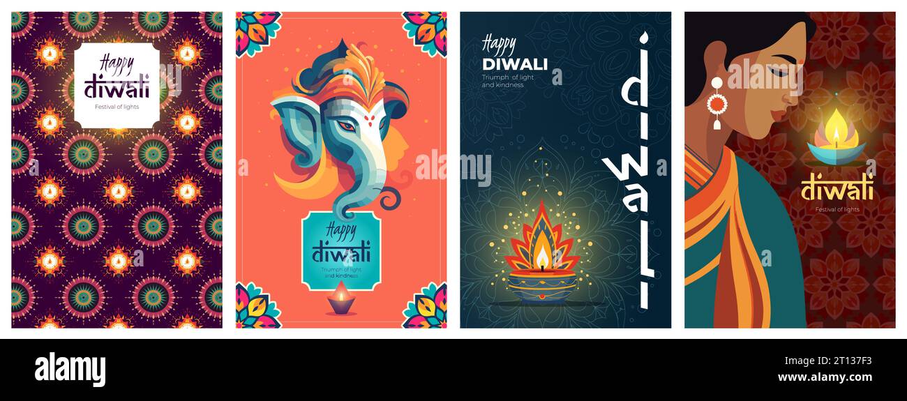 Día de fiesta indio feliz Diwali cartel. Deepavali o Dipavali India festival de luces de impresión. Cartel de celebración hindú con lámpara de aceite de diya, elefante Ganesha y patrón floral. Arte creativo diseños modernos Ilustración del Vector