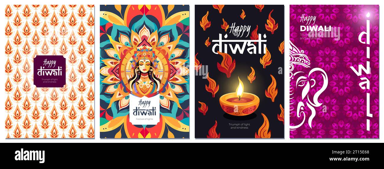 Día de fiesta indio feliz Diwali cartel. Deepavali India festival de luces de impresión. Cartel de celebración tradicional hindú con lámpara de aceite de diya, elefante Ganesha y Lakshmi. Arte creativo diseños de vectores modernos Ilustración del Vector