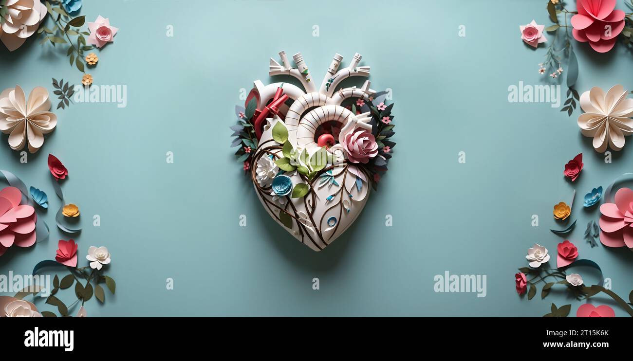 Corazón humano anatómico de papel intrincadamente entrelazado con flores de primavera sobre fondo verde azulado, amor y el encanto del día de San Valentín y de la madre Foto de stock