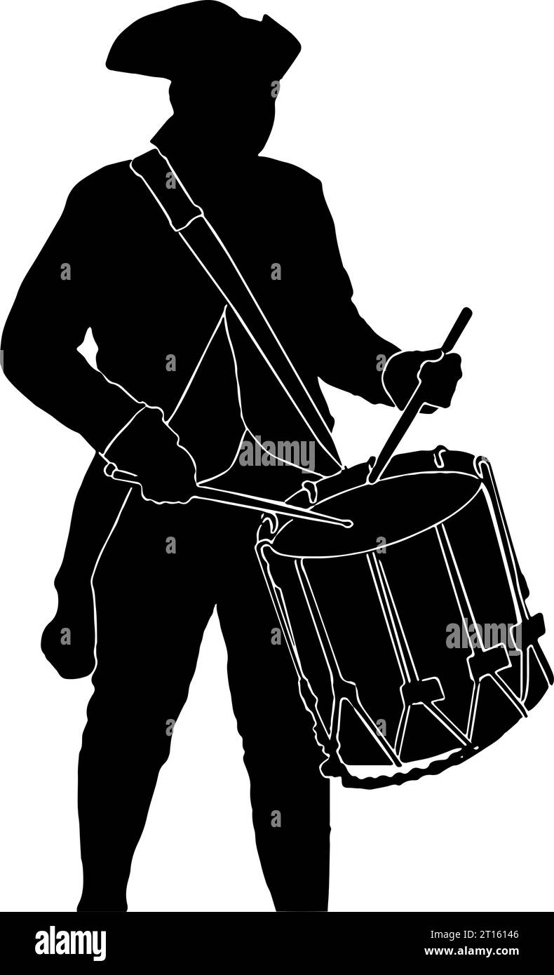 Soldado de la Guerra Revolucionaria Americana tambores, silueta en negro, aislado Ilustración del Vector