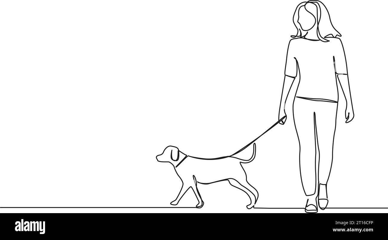 Dibujo Continuo De Una Sola Línea De Mujer Caminando A Su Perro Ilustración Vectorial De Arte 6268