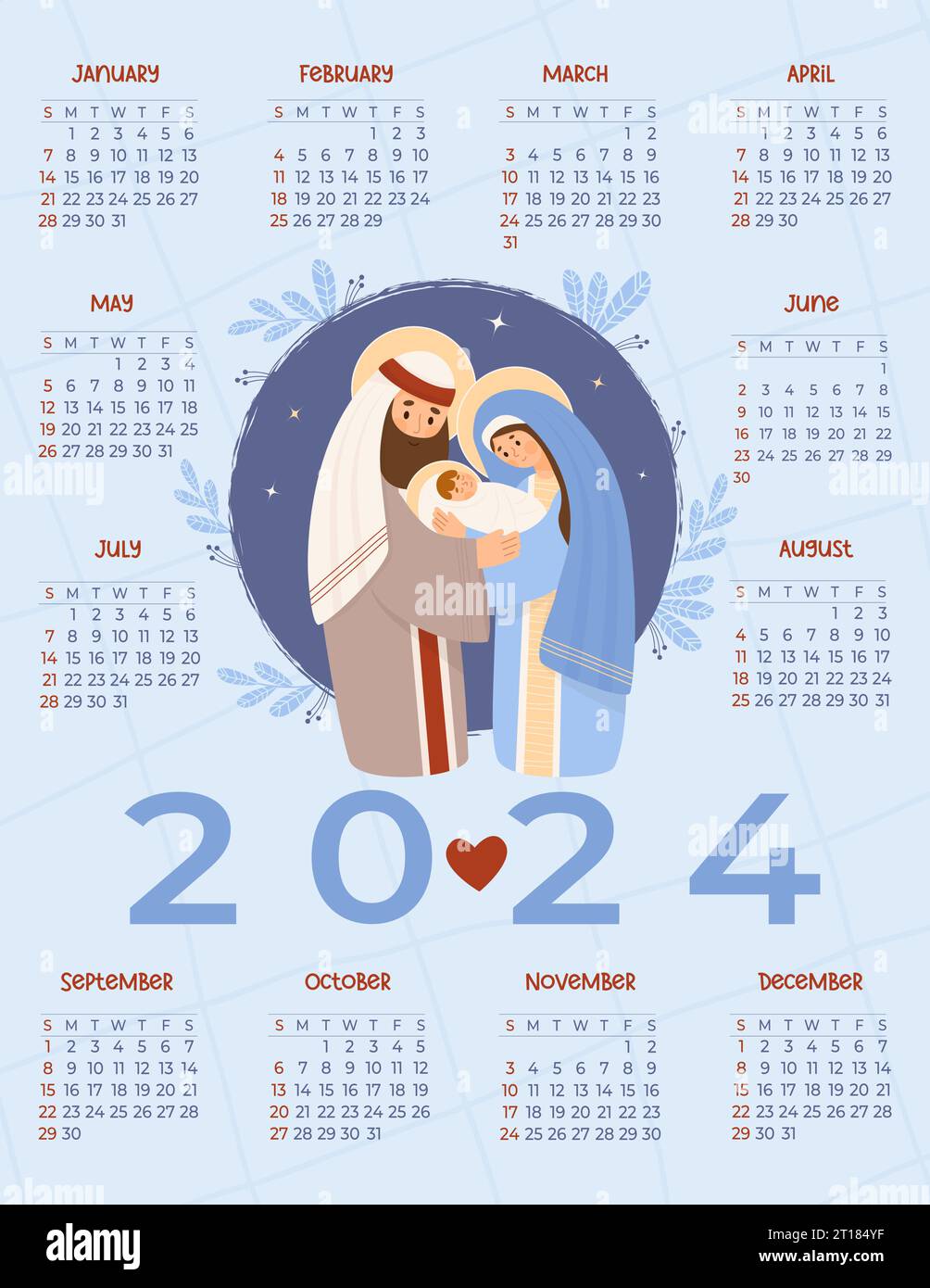2024 calendario anual de Navidad. La Sagrada Familia. Dibujos animados