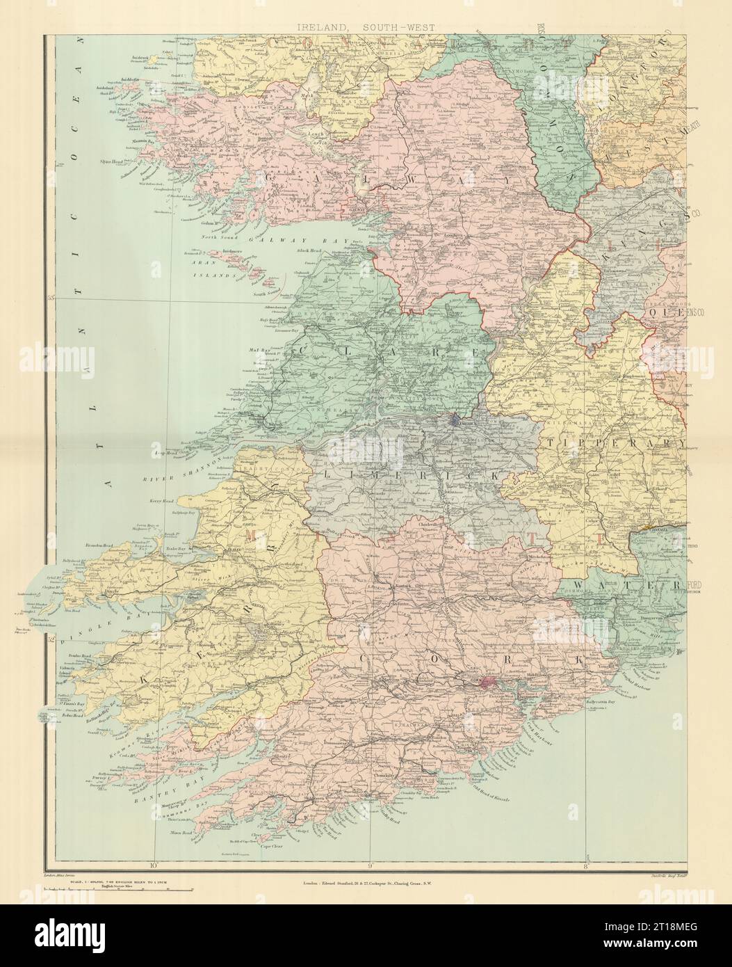 Irlanda al suroeste de Munster Kerry Limerick Cork Clare Limerick. Mapa de STANFORD 1894 Foto de stock