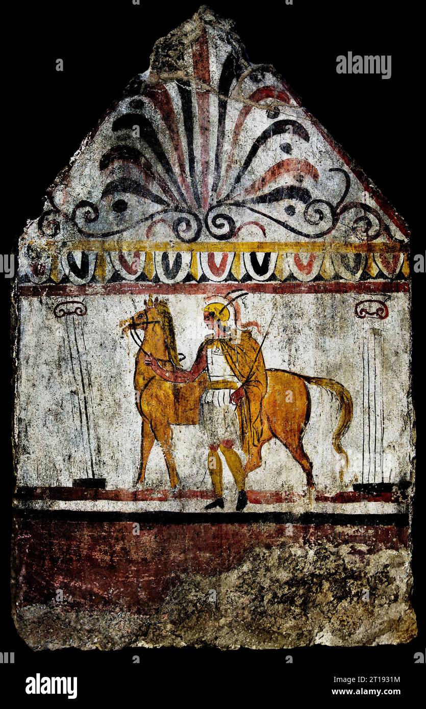 Antiguo guerrero griego, tumba al aire libre de Lucania, las ruinas de