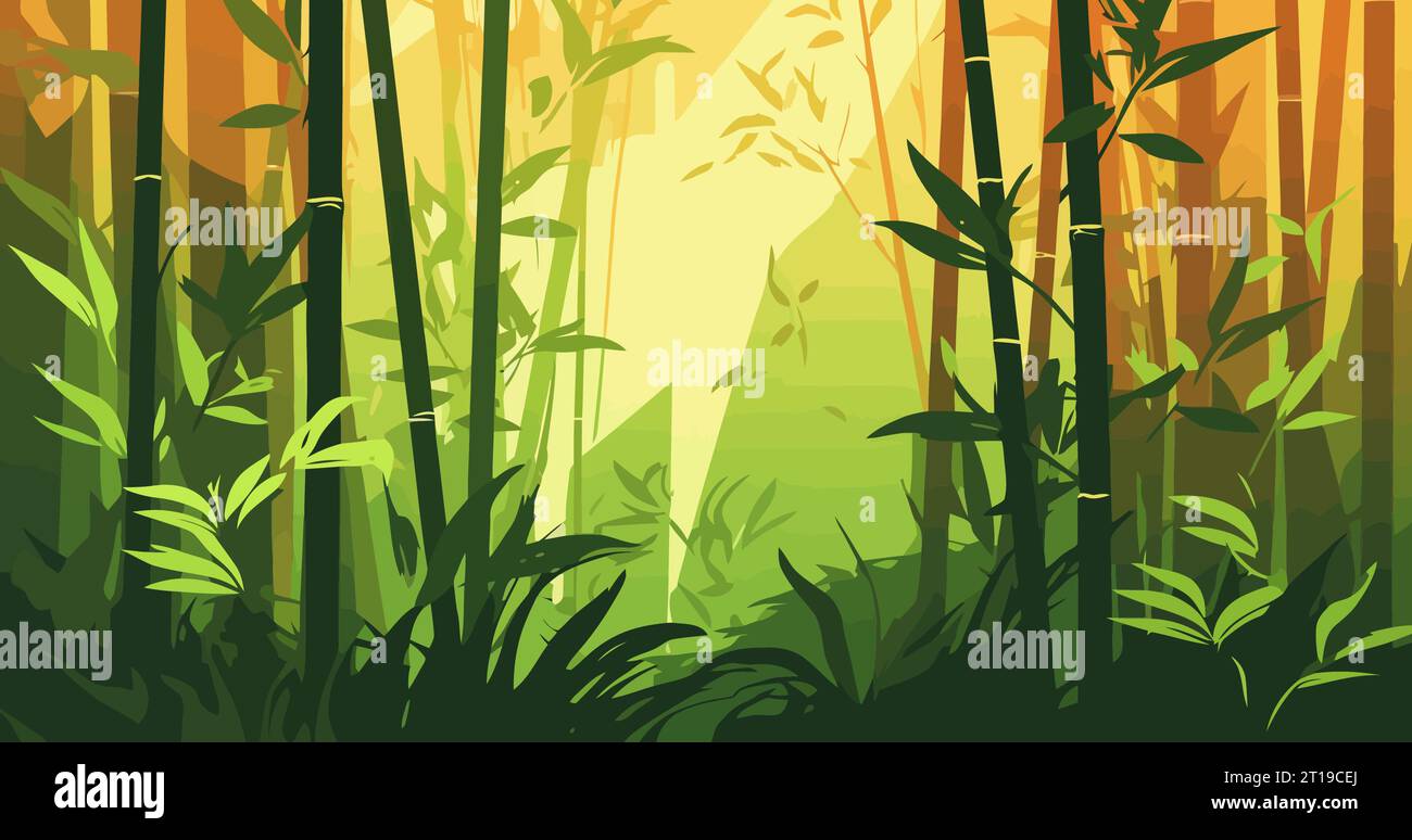 Bosque de bambú fondo plano de dibujos animados. Vector Imagen Vector