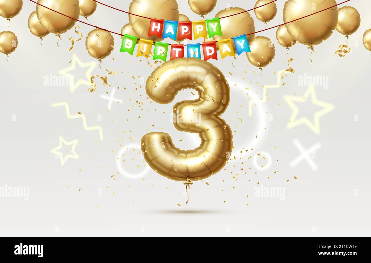 Feliz Cumpleaños 3 años aniversario de la persona cumpleaños, globos en la  forma de números del año. Ilustración vectorial Imagen Vector de stock -  Alamy