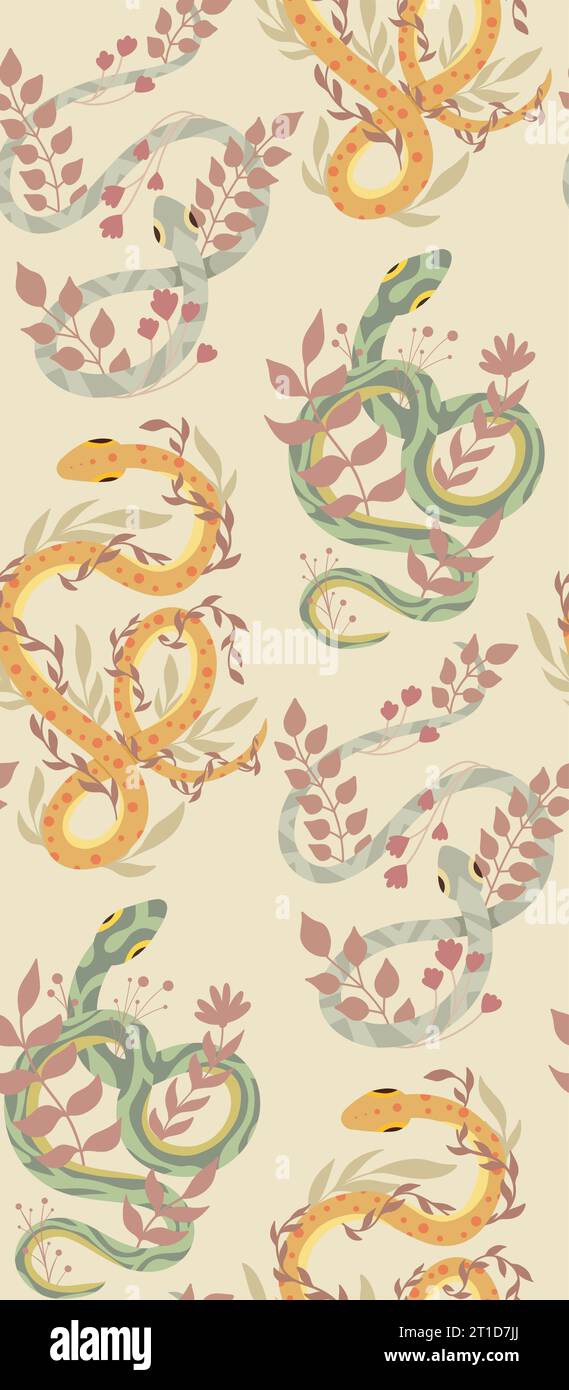 Textura animal con serpientes rizadas verdes y amarillas y hierbas en colores pastel. Vector patrón sin fisuras con serpientes y tallos para envolver papel Ilustración del Vector