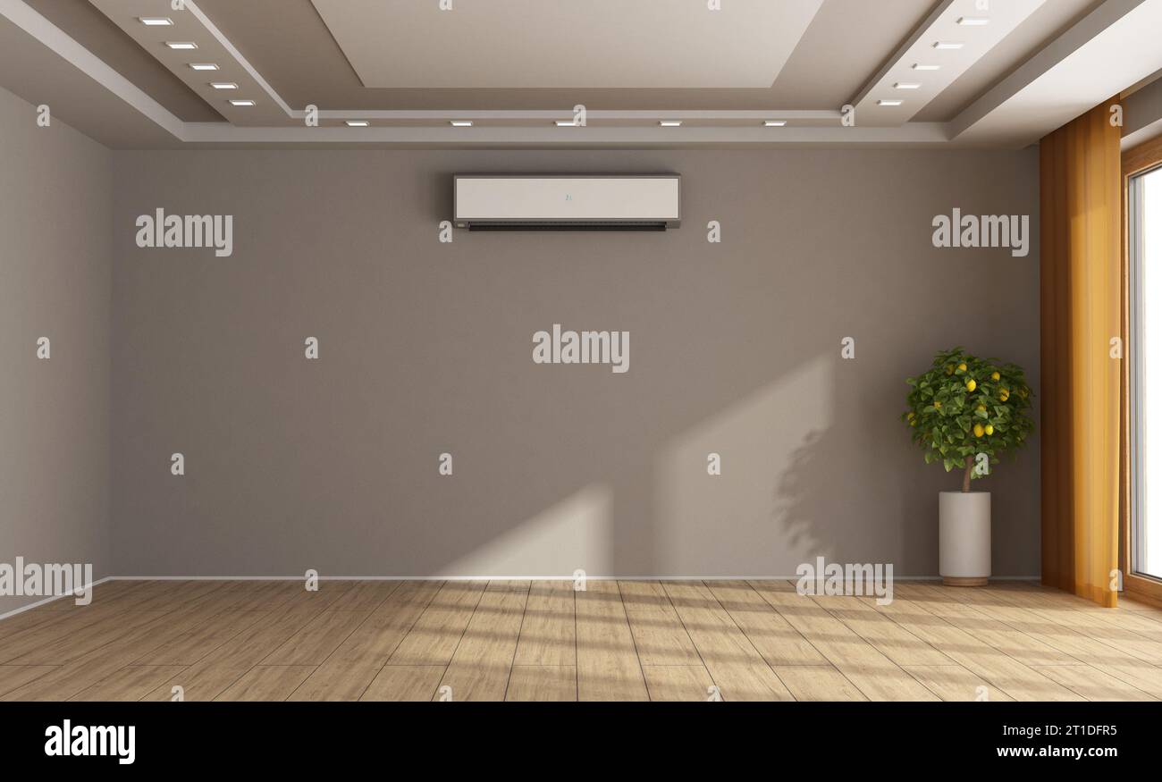Habitación marrón vacía con aire acondicionado, planta de interior y ventana - representación 3D Foto de stock