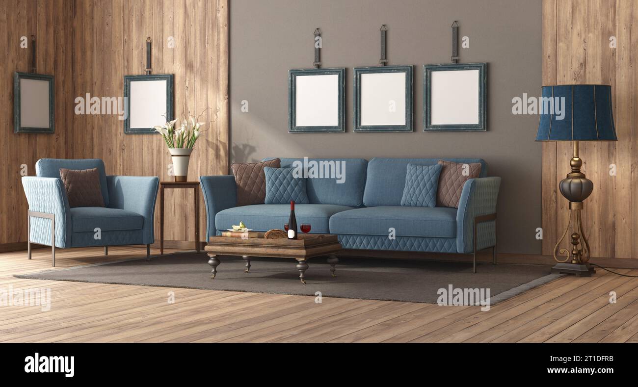 Sala de estar de estilo clásico con sofá azul, sillón y paneles de madera-representación 3D Foto de stock