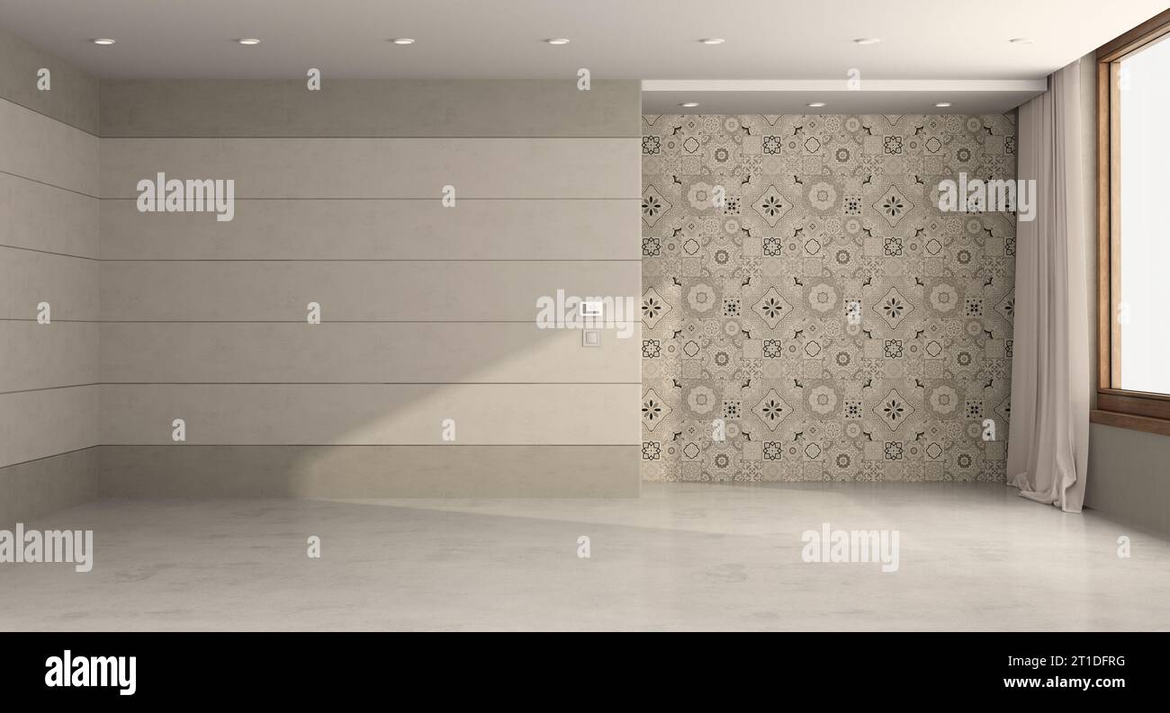 Habitación vacía beige y marrón con pared de azulejos en el fondo - representación 3D Foto de stock