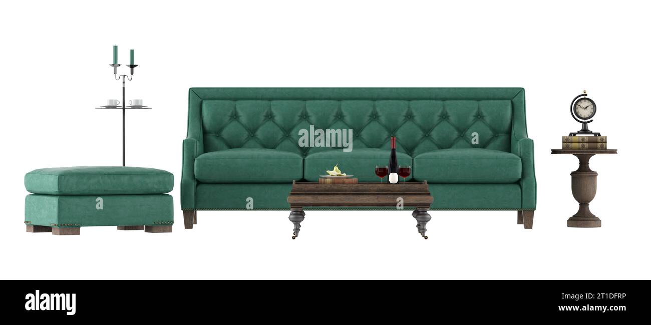 Sofá de cuero verde, mesa de café de madera y reposapiés aislados sobre fondo blanco-3D representación Foto de stock