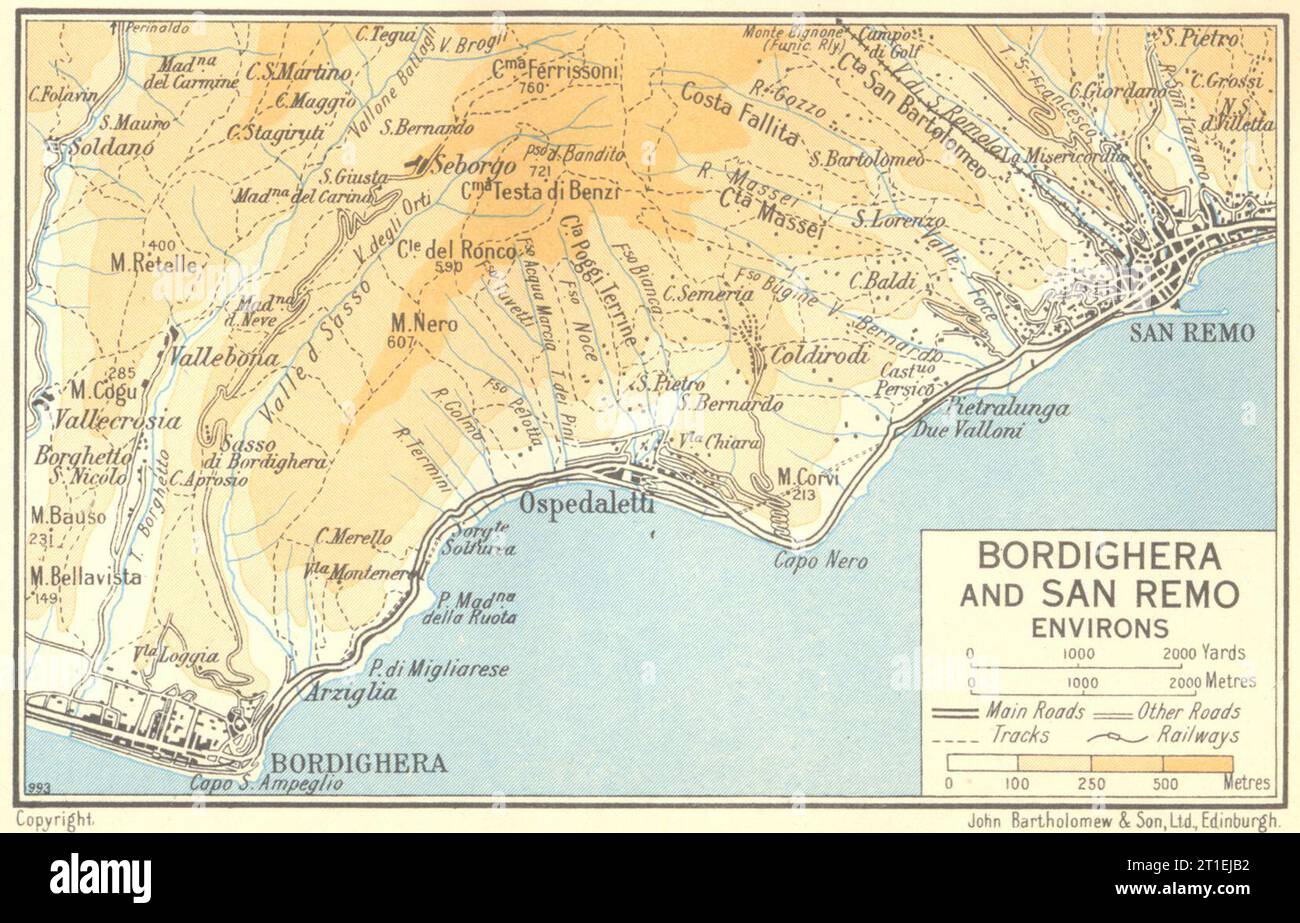 Bordighera y San Remo environs 1953 antiguo mapa vintage plan gráfico Foto de stock