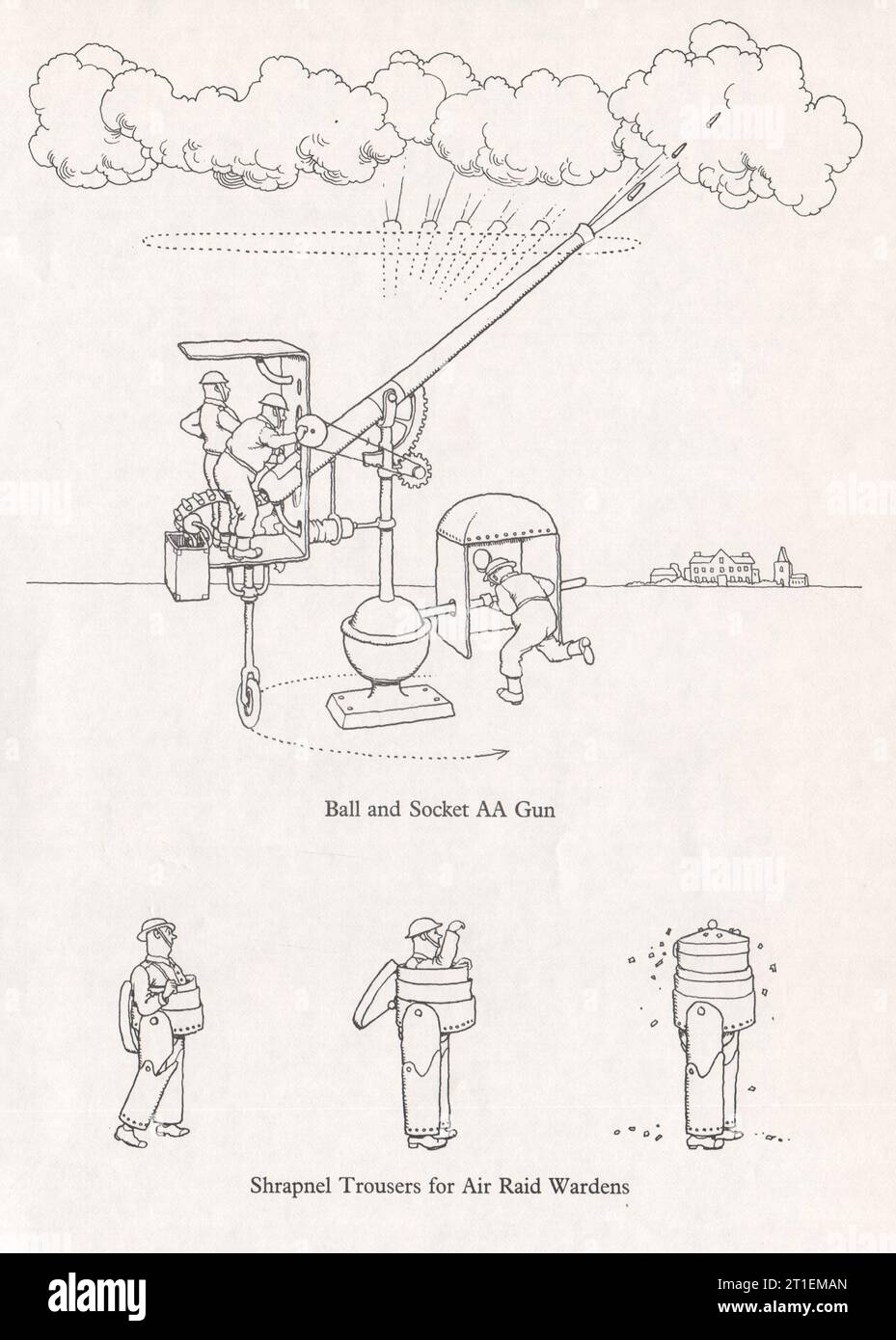A CARGO DE HEATH ROBINSON. Pistola AA de bola y zócalo; pantalones de metralla Air Raid Warden.WW2 1973 Foto de stock
