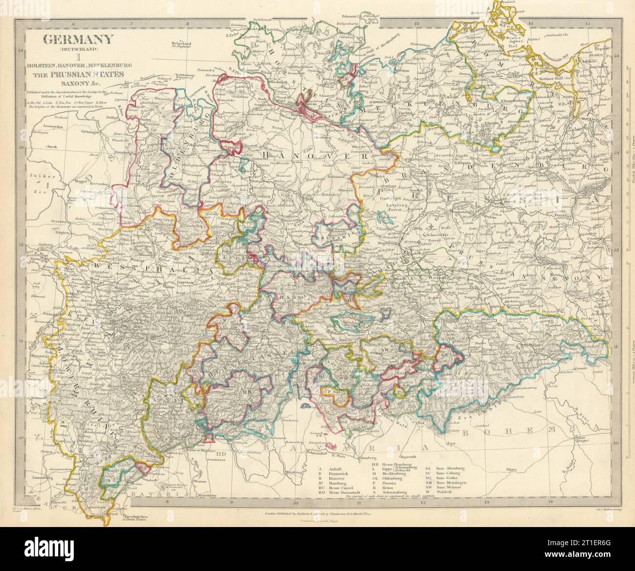 ALEMANIA DEUTSCHLAND.Holstein Hanover Mecklenburg Prussia Saxony.SDUK 1844 mapa Foto de stock