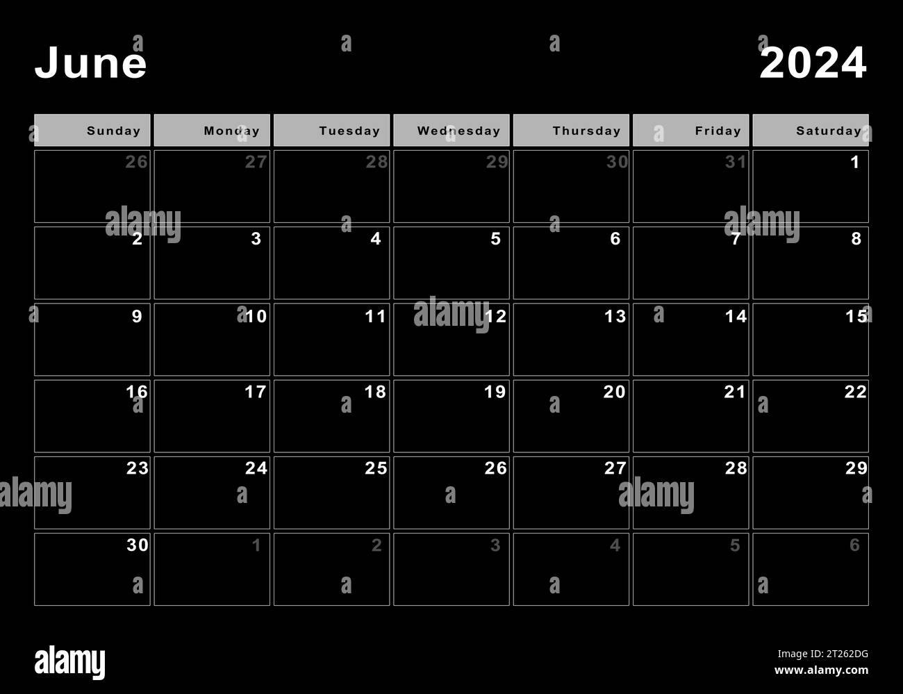 Calendario del 2024 de junio, comienzo de la semana el domingo, diseño