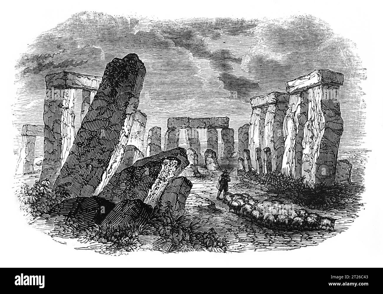 Stonehenge antes de la restauración alrededor de 1860. Ilustración en blanco y negro de la 'Vieja Inglaterra' publicada por James Sangster en 1860. Foto de stock