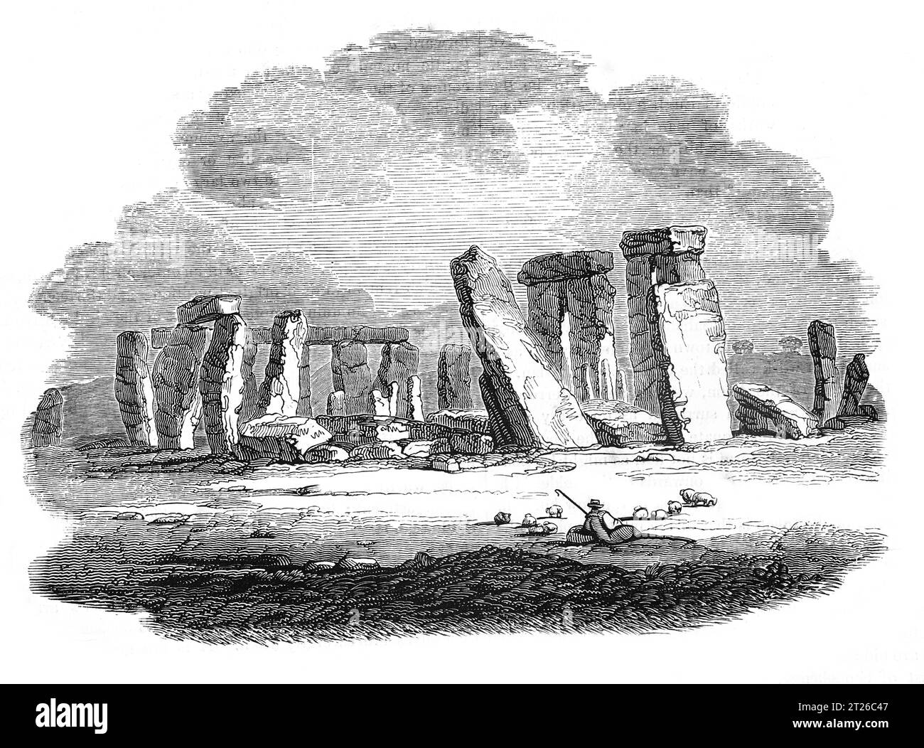 Stonehenge antes de la restauración alrededor de 1860. Ilustración en blanco y negro de la 'Vieja Inglaterra' publicada por James Sangster en 1860. Foto de stock