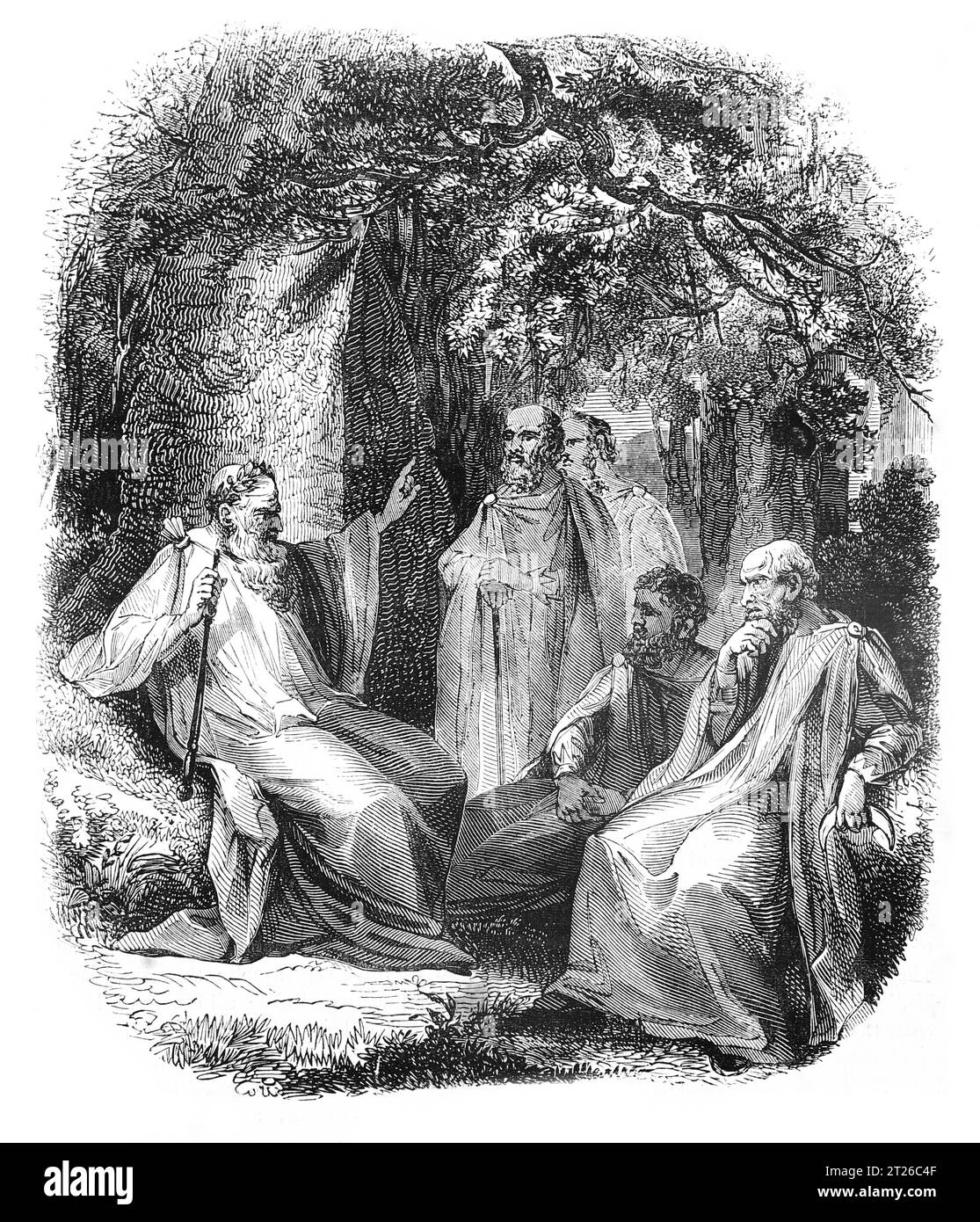 Arch-druida y druidas. Ilustración en blanco y negro de la 'Vieja Inglaterra' publicada por James Sangster en 1860. Foto de stock