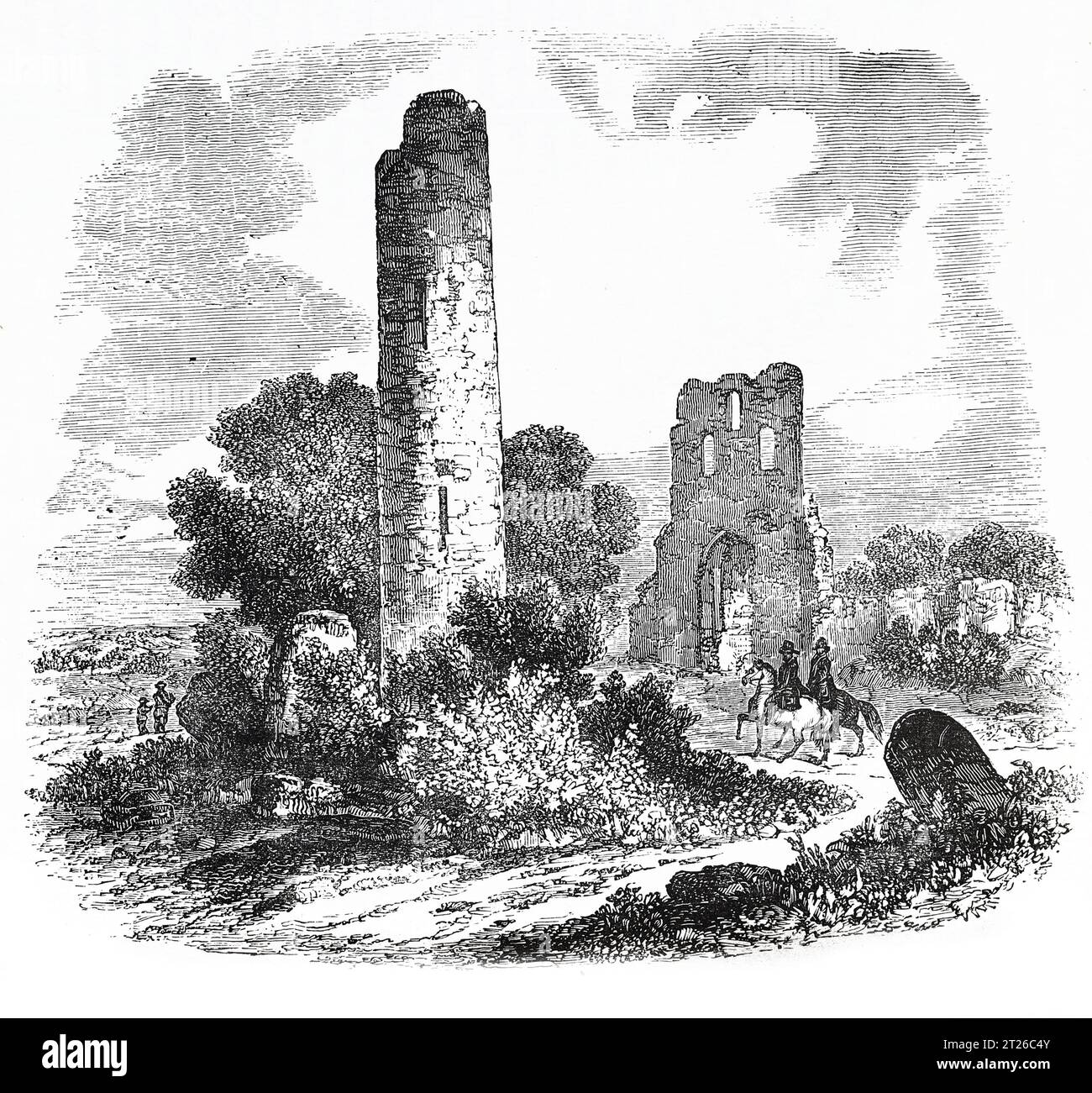 Torre redonda en Donoughmore, Condado de Meath, Irlanda. Cúpula en blanco y negro de la 'Vieja Inglaterra' publicada por James Sangster en 1860. Foto de stock