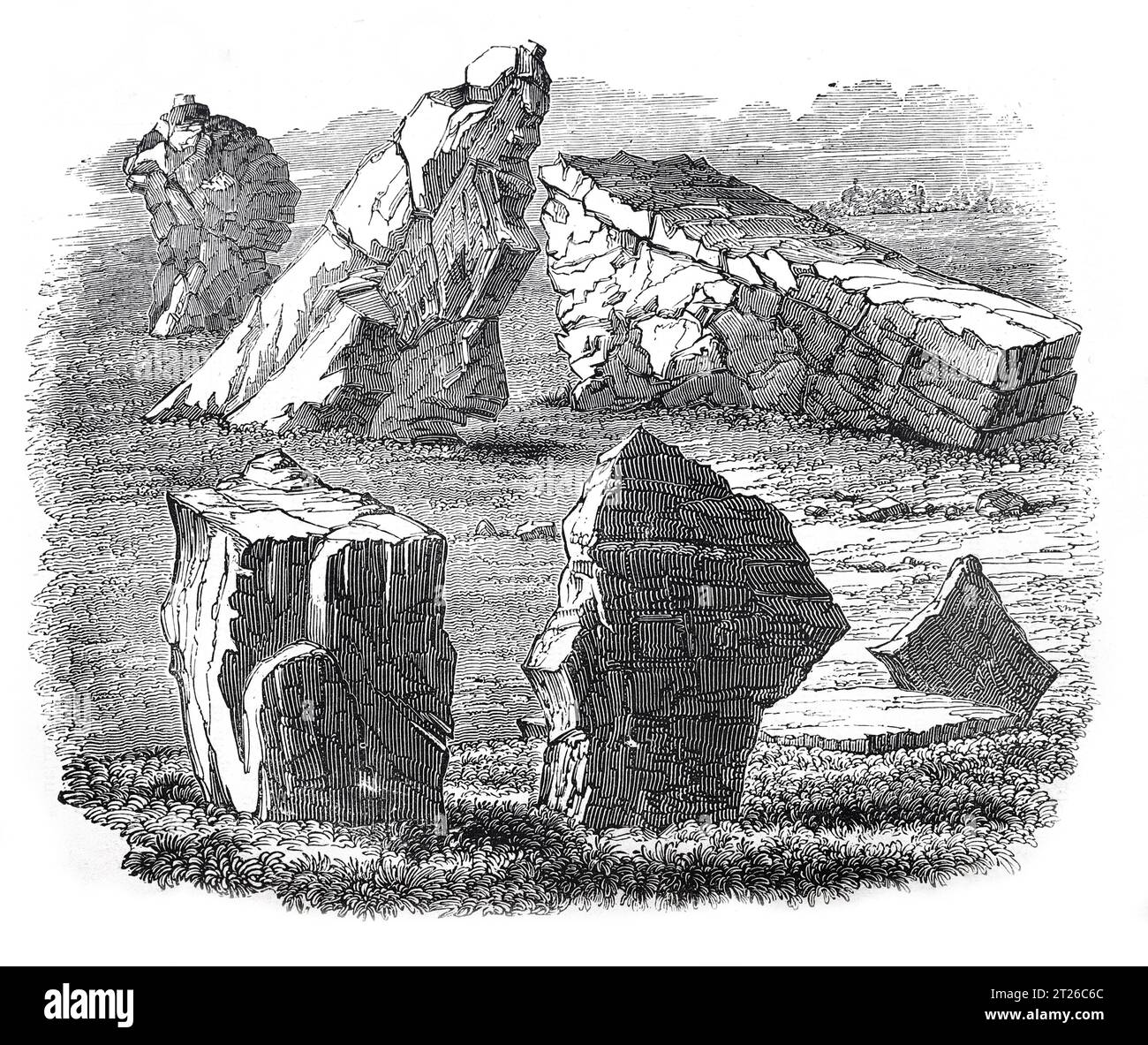 Piedras de pie en Stanton Drew, Somerset. Ilustración en blanco y negro de la 'Vieja Inglaterra' publicada por James Sangster en 1860. Foto de stock