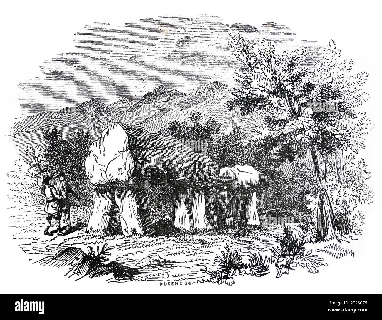 Cromlech en Plas Newydd, Anglesey. Cámara funeraria; Ilustración en blanco y negro de la 'Vieja Inglaterra' publicada por James Sangster en 1860. Foto de stock
