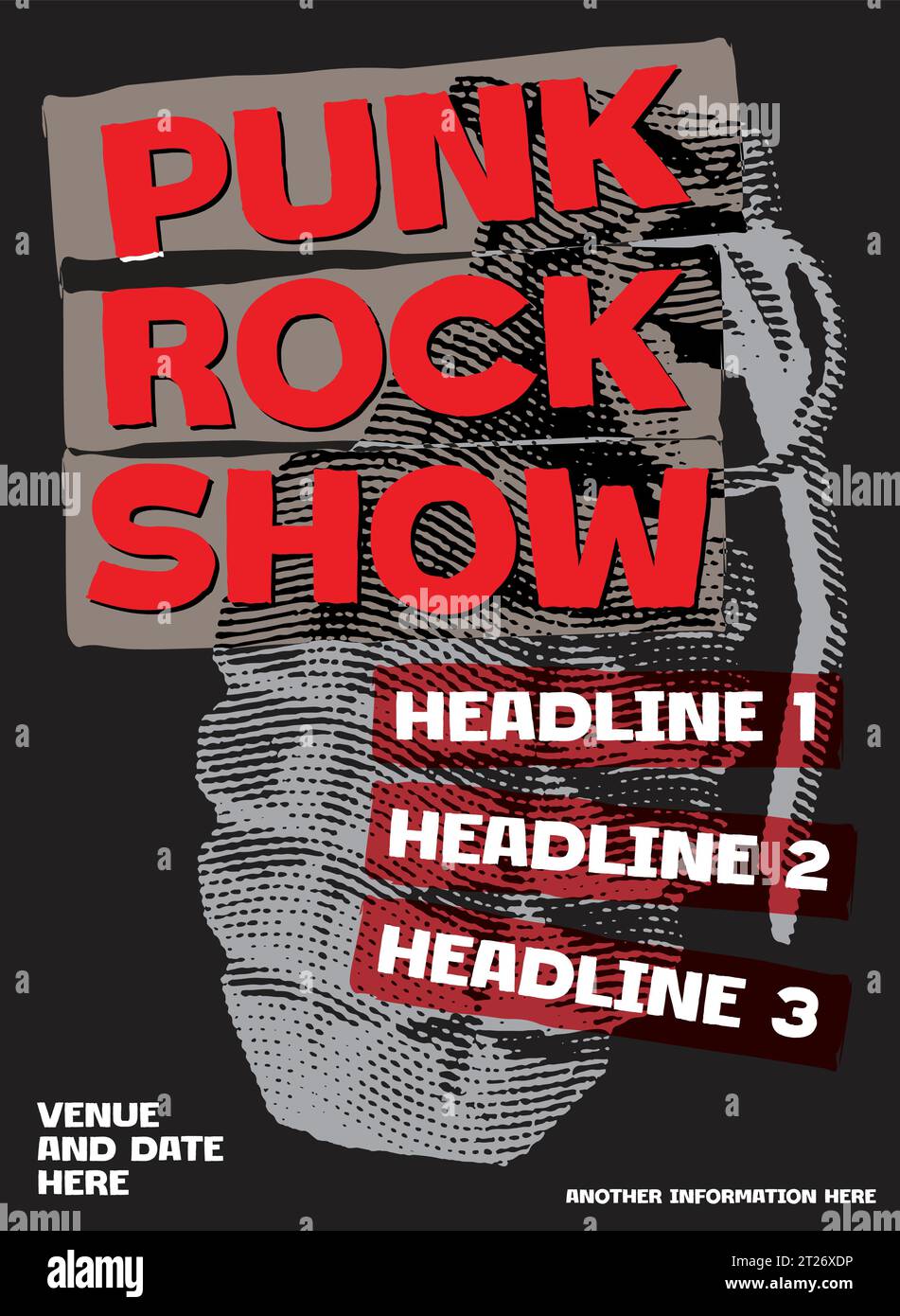 Espectáculo de punk rock, cartel del festival de música punk, diseño de plantilla de carteles de presentación de conciertos, festival crudo y de publicidad, vector de concierto de música Ilustración del Vector