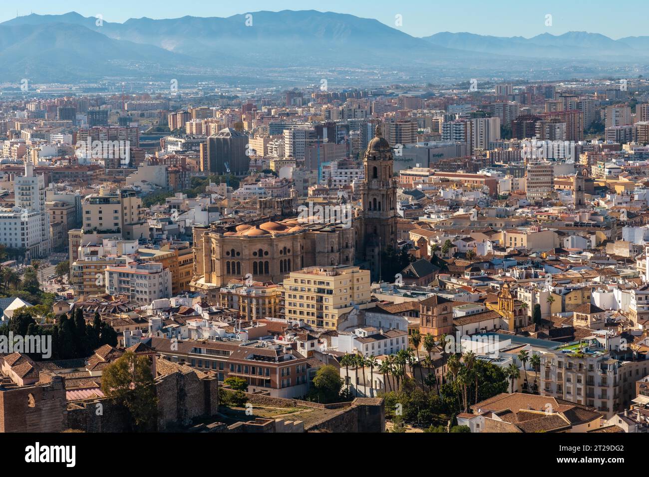 Vistas de la ciudad y la Catedral de la Encarnación de Málaga desde el Castillo de Gibralfaro en la ciudad de Málaga, Andalucía. España Foto de stock