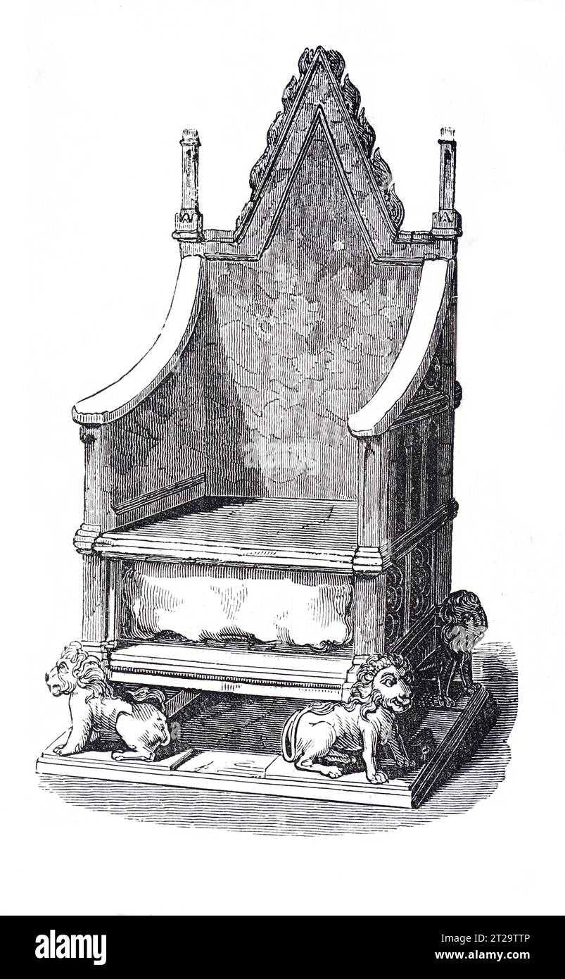 La Cátedra de Coronación de los Reyes Ingleses. Ilustración en blanco y negro de la 'Vieja Inglaterra' publicada por James Sangster en 1860. Foto de stock