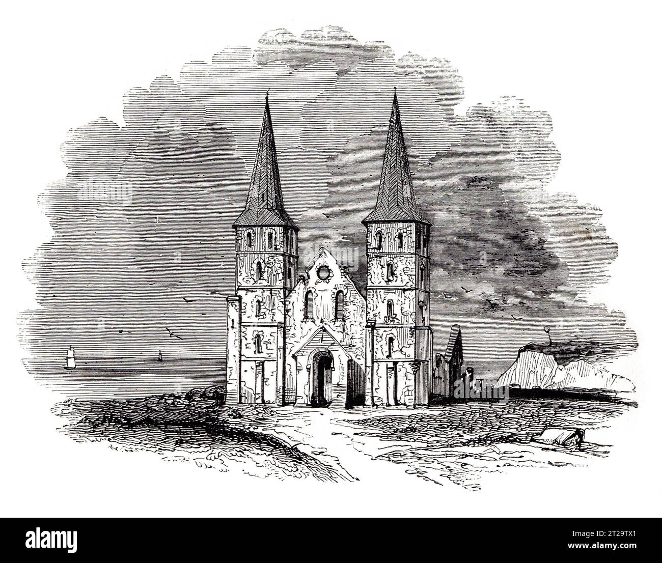 Las ruinas de la Iglesia Reculver en el siglo XIX. Ilustración en blanco y negro de la 'Vieja Inglaterra' publicada por James Sangster en 1860. Foto de stock