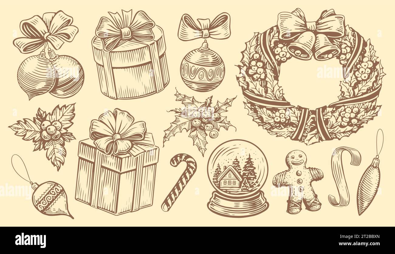 Dibujado a mano objetos retro para la decoración de vacaciones. Concepto de Navidad. Ilustración vectorial de boceto vintage Ilustración del Vector