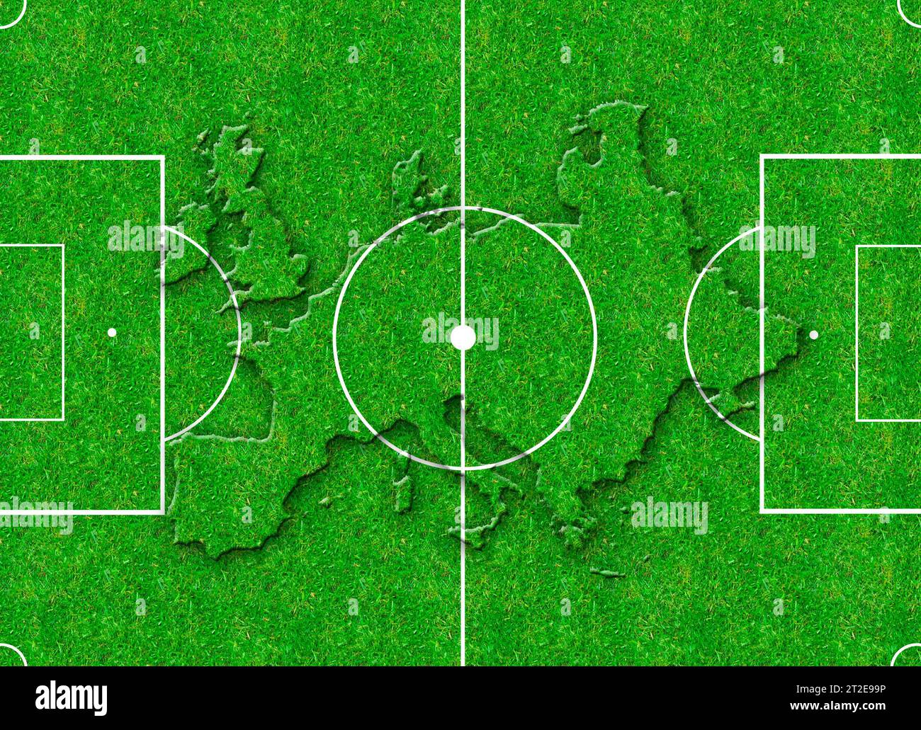 Campo de fútbol y mapa de Europa, temporada europea de fútbol Foto de stock