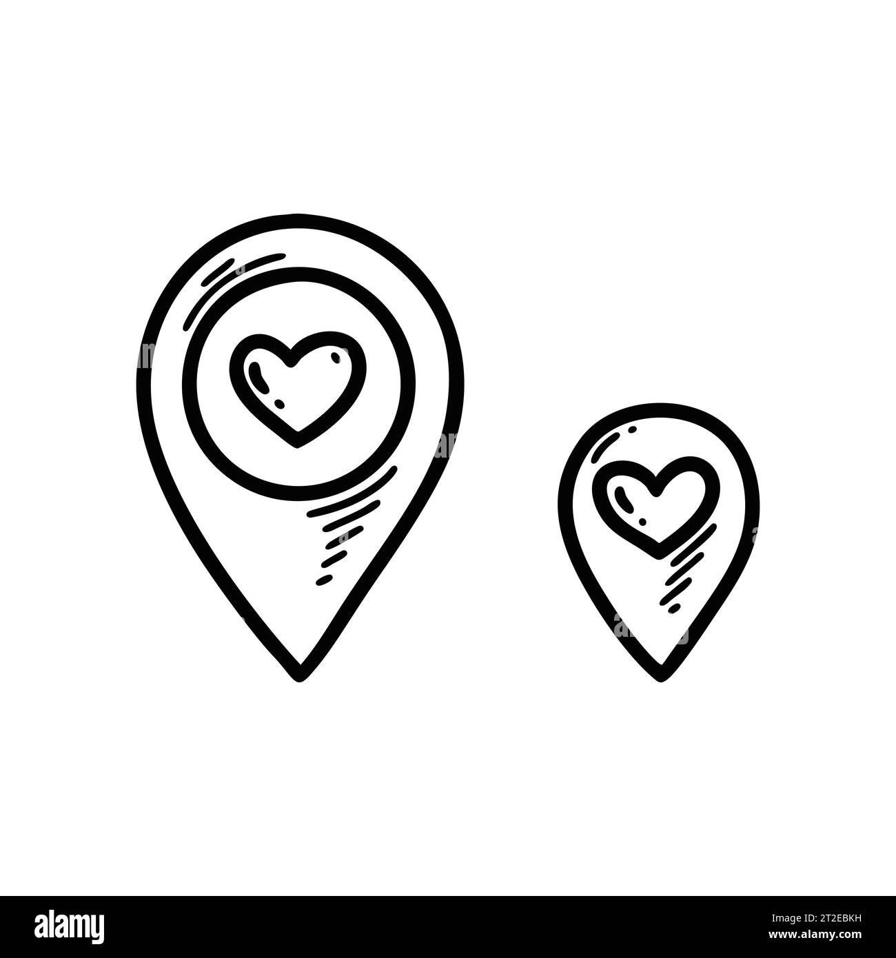PIN de ubicación del doodle de corazón. Coloque el marcador de amor y cuidado gore. Dirección de mapa de voluntariado. Dibujado a mano boceto Día de San Valentín geotag Ilustración del Vector