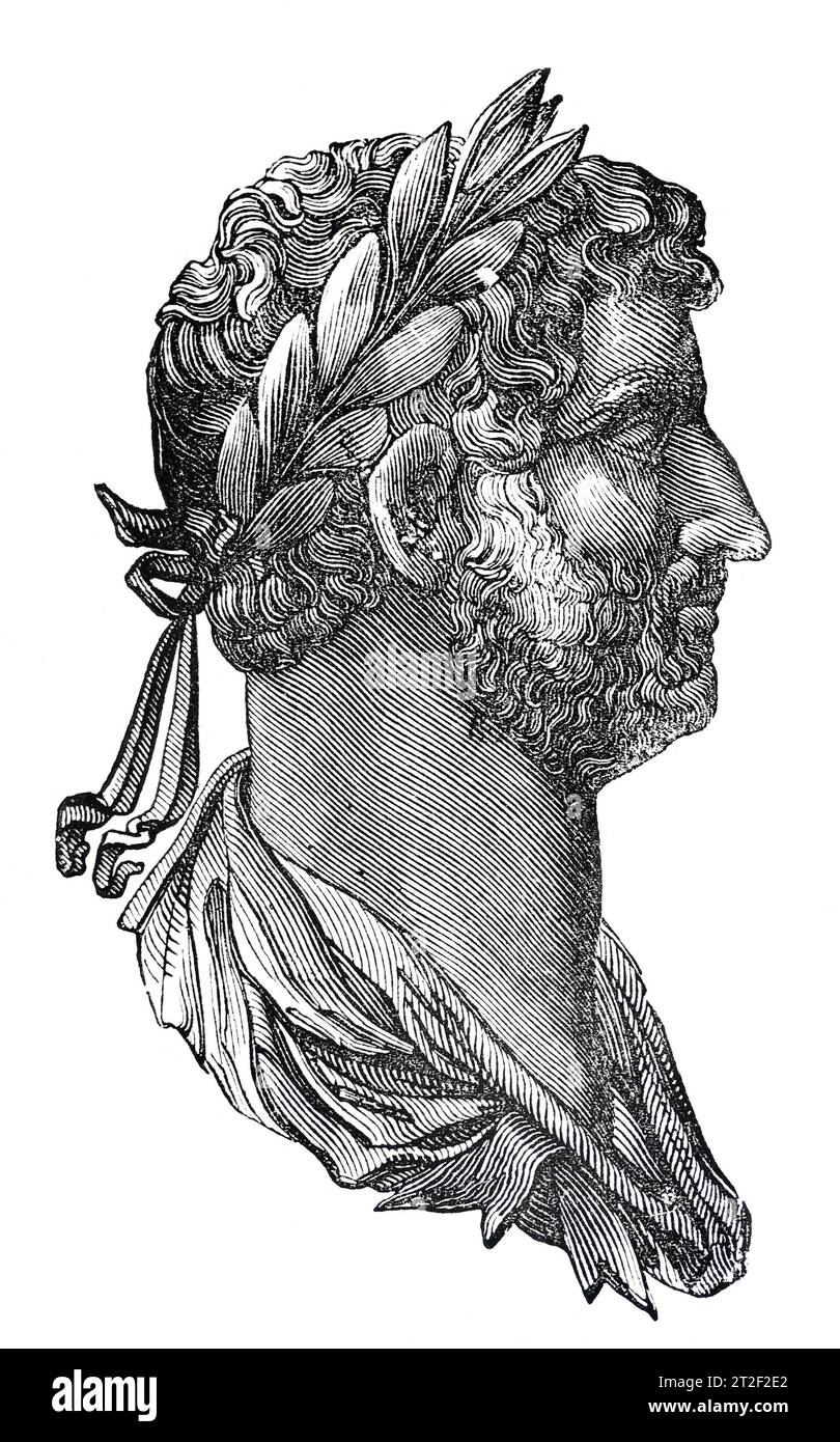 Emperador romano Adriano (AD76-138). Perfil vertical. Ilustración en blanco y negro de la 'Vieja Inglaterra' publicada por James Sangster en 1860. Foto de stock