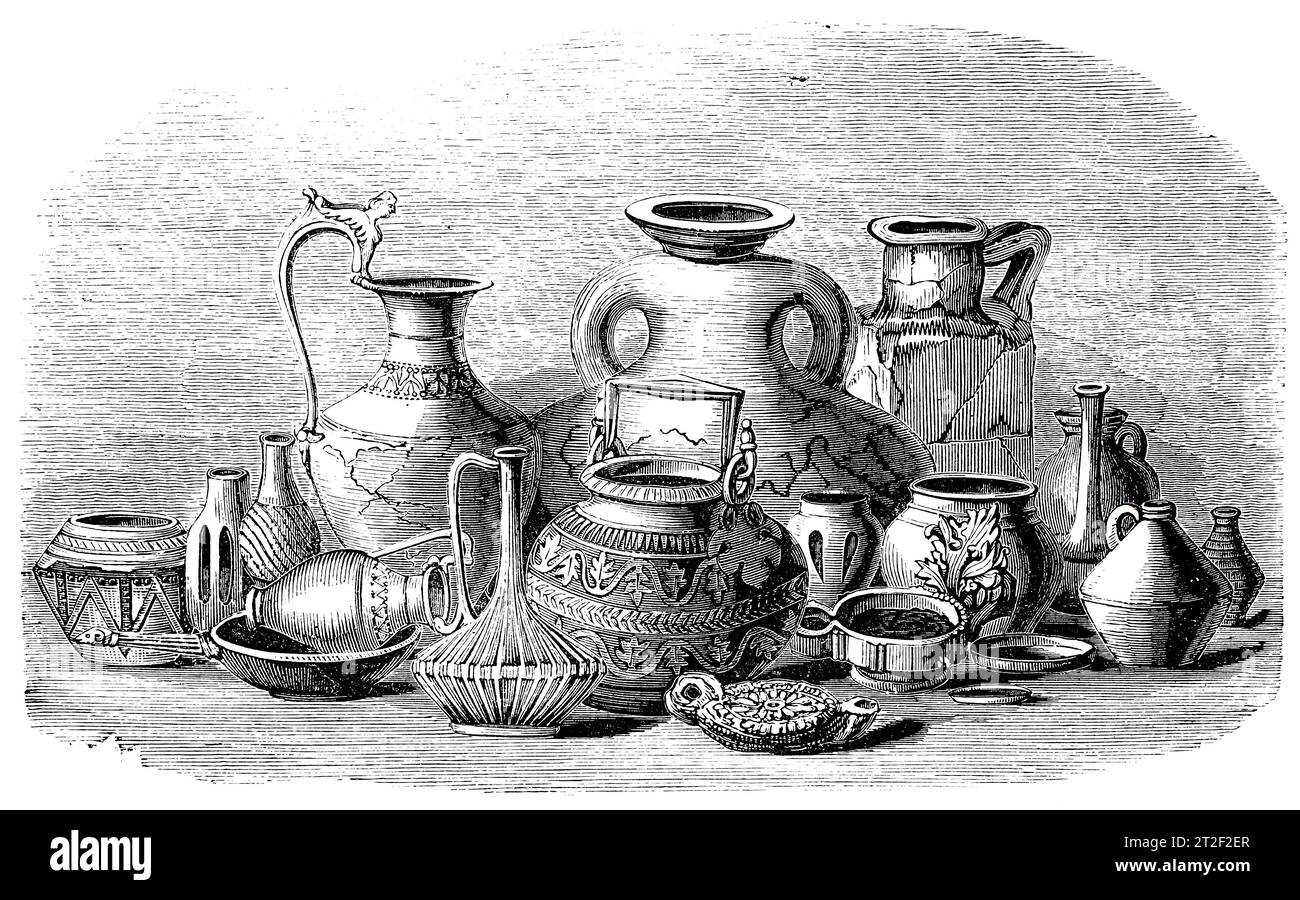 Barcos romanos encontrados en Gran Bretaña. Ilustración en blanco y negro de la 'Vieja Inglaterra' publicada por James Sangster en 1860. Foto de stock