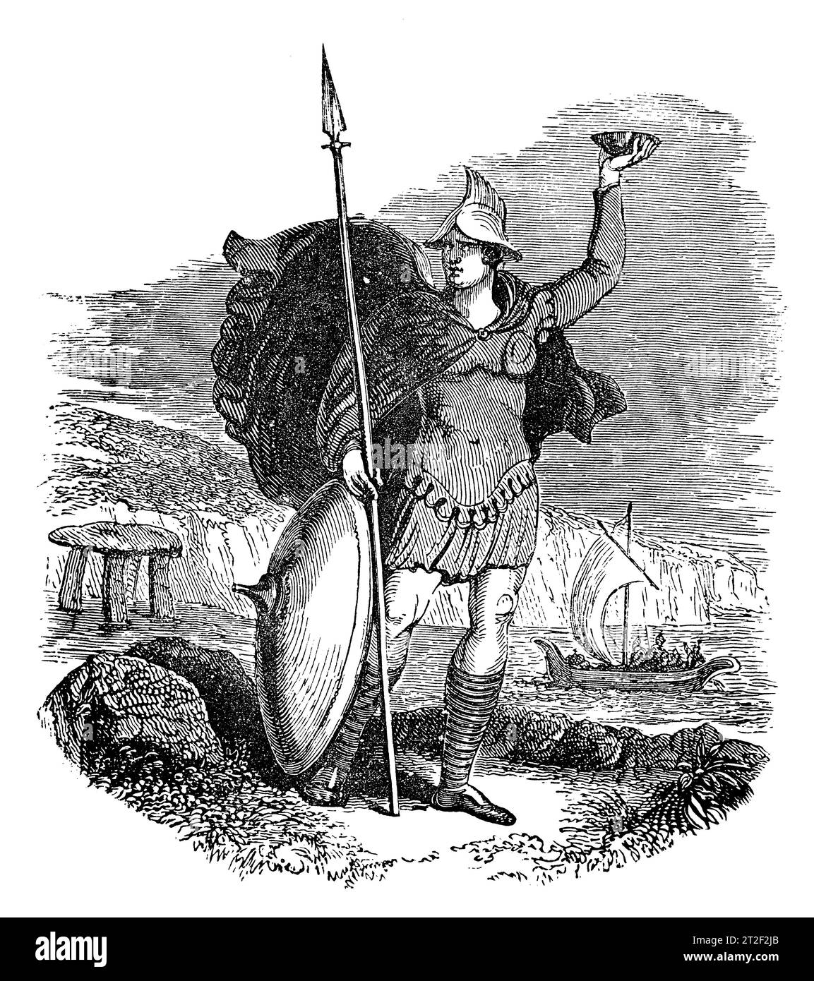 Armas y Cosyume de un jefe militar sajón. Ilustración en blanco y negro de la 'Vieja Inglaterra' publicada por James Sangster en 1860. Foto de stock