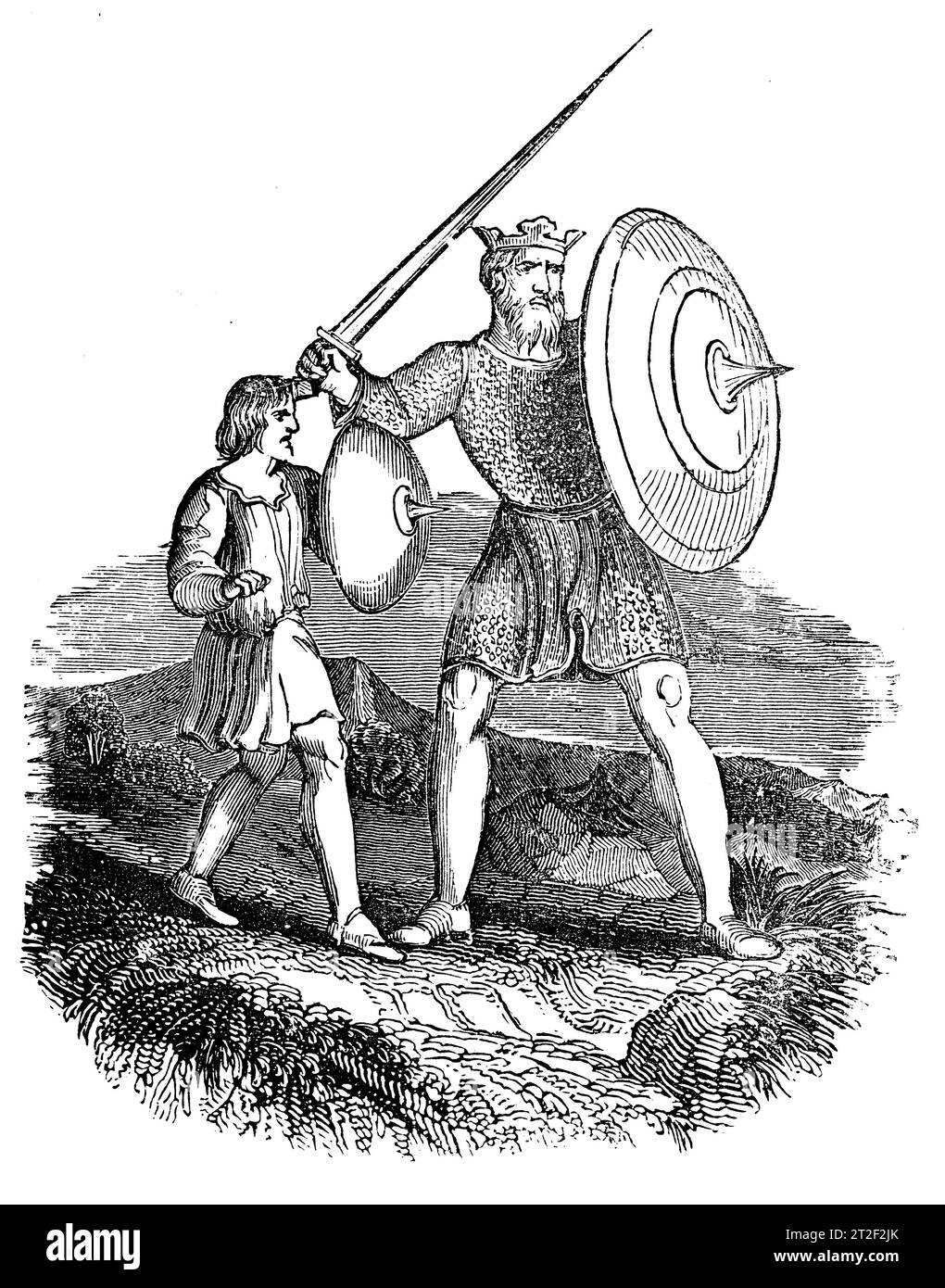 Armas y Cosyume de un rey anglosajón y portador de armas. Ilustración en blanco y negro de la 'Vieja Inglaterra' publicada por James Sangster en 1860. Foto de stock