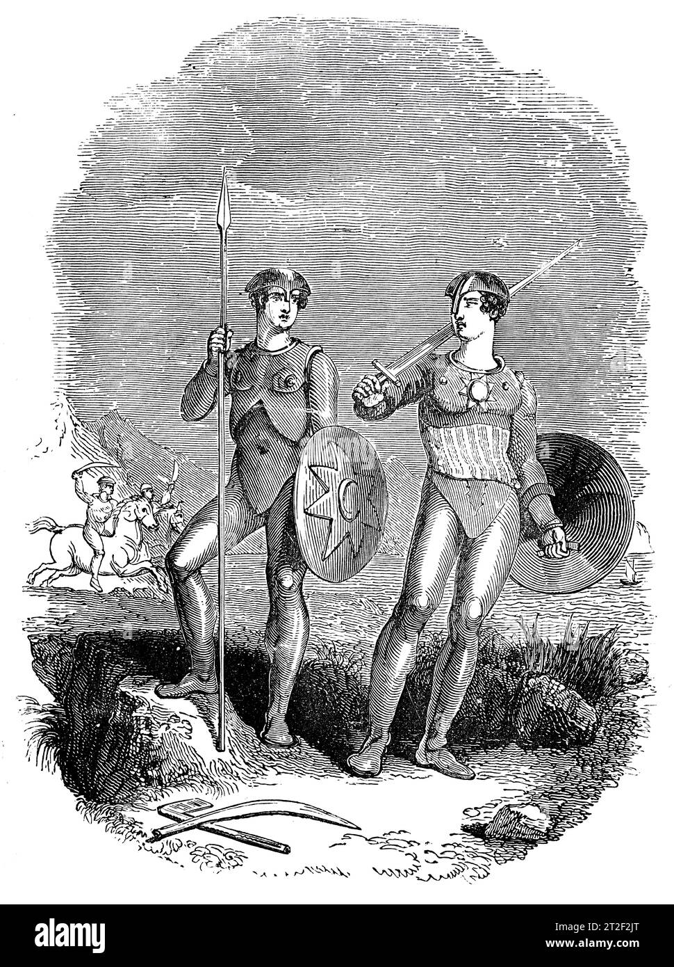 Armas y trajes de las tribus de las costas occidentales del Báltico. Ilustración en blanco y negro de la 'Vieja Inglaterra' publicada por James Sangster en 1860. Foto de stock