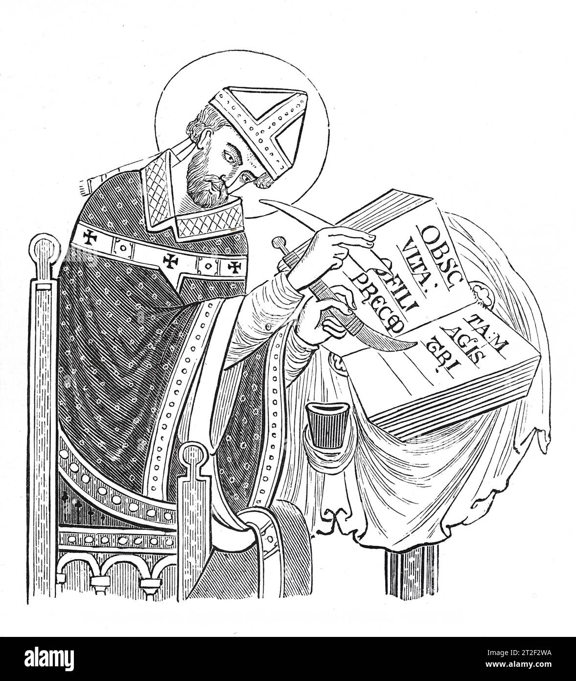 St Dunstan, Arzobispo del siglo X de Canterbury Ilustración en blanco y negro de la 'Vieja Inglaterra' publicada por James Sangster en 1860. Foto de stock