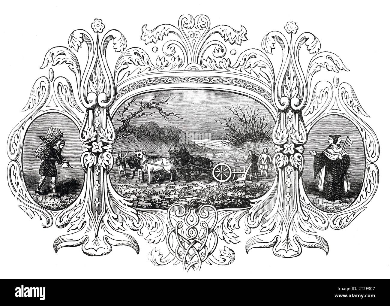Emblemas sajones del mes de enero. Ilustración en blanco y negro de la 'Vieja Inglaterra' publicada por James Sangster en 1860. Foto de stock