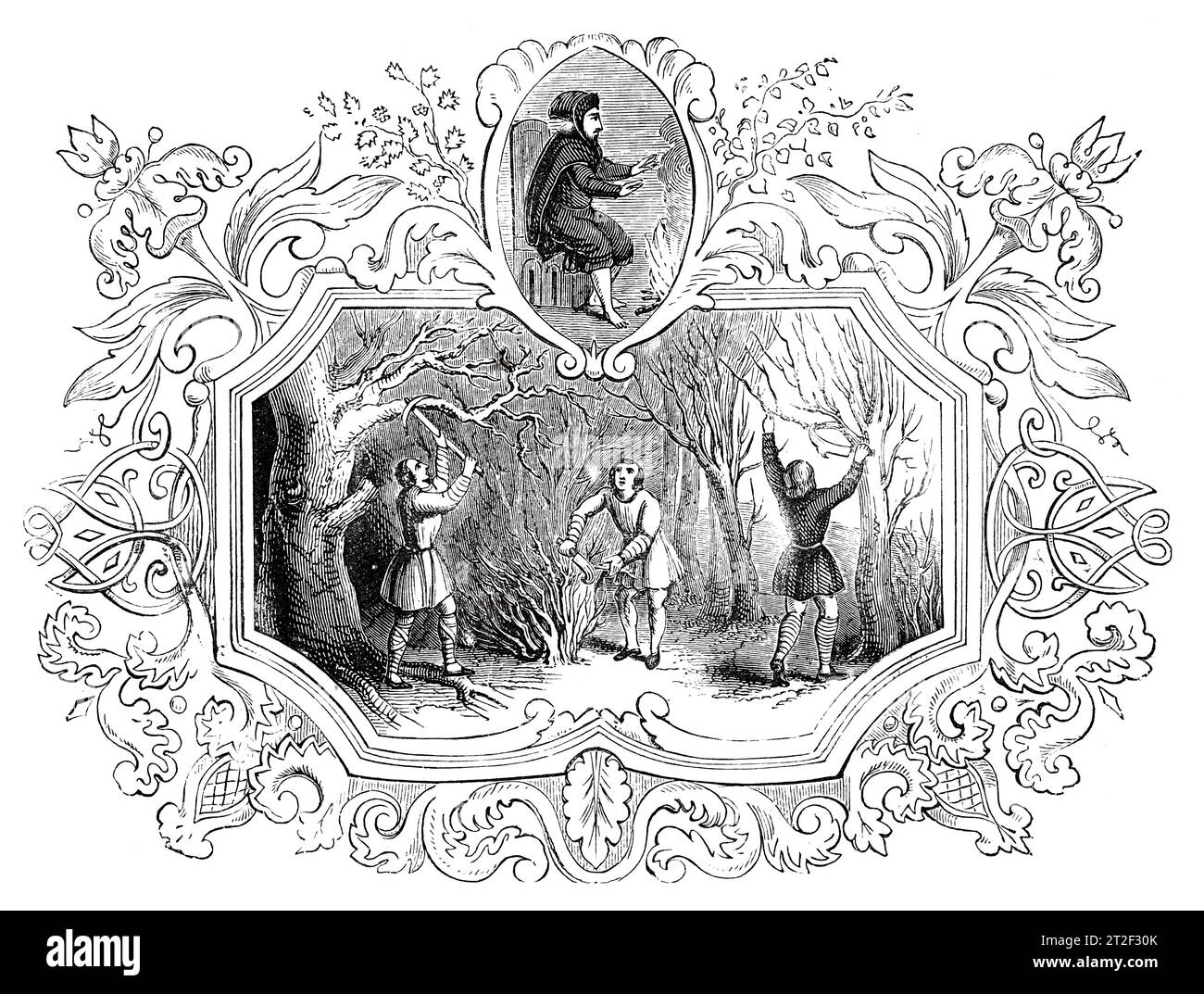Emblemas sajones del mes de febrero. Ilustración en blanco y negro de la 'Vieja Inglaterra' publicada por James Sangster en 1860. Foto de stock