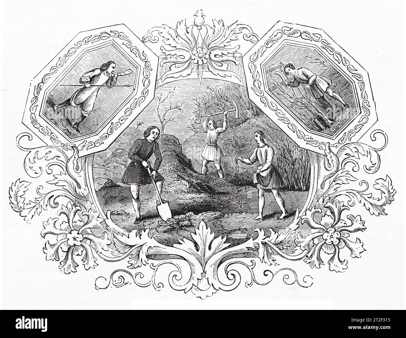 Emblemas sajones del mes de marzo. Ilustración en blanco y negro de la 'Vieja Inglaterra' publicada por James Sangster en 1860. Foto de stock