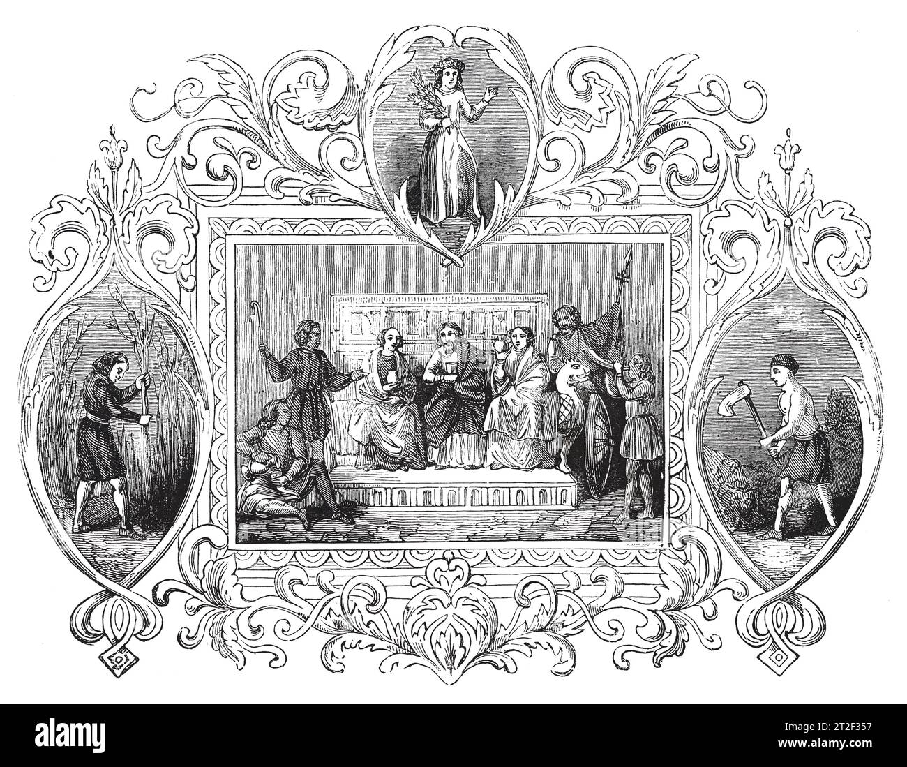Emblemas sajones del mes de abril. Ilustración en blanco y negro de la 'Vieja Inglaterra' publicada por James Sangster en 1860. Foto de stock