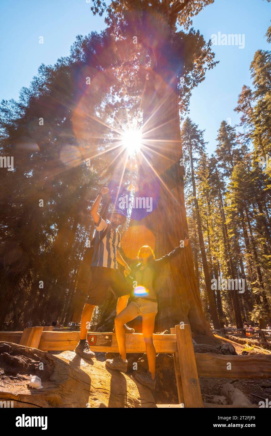 Una pareja en el árbol gigante del General Sherman Tree en el Parque Nacional Sequoia Foto de stock