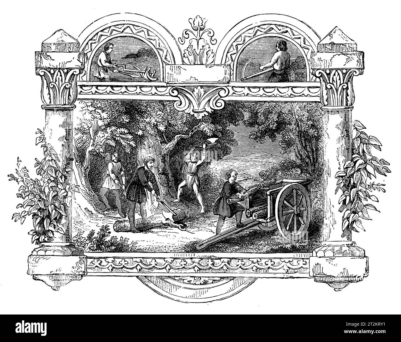 Emblemas sajones del mes de junio. Ilustración en blanco y negro de la 'Vieja Inglaterra' publicada por James Sangster en 1860. Foto de stock