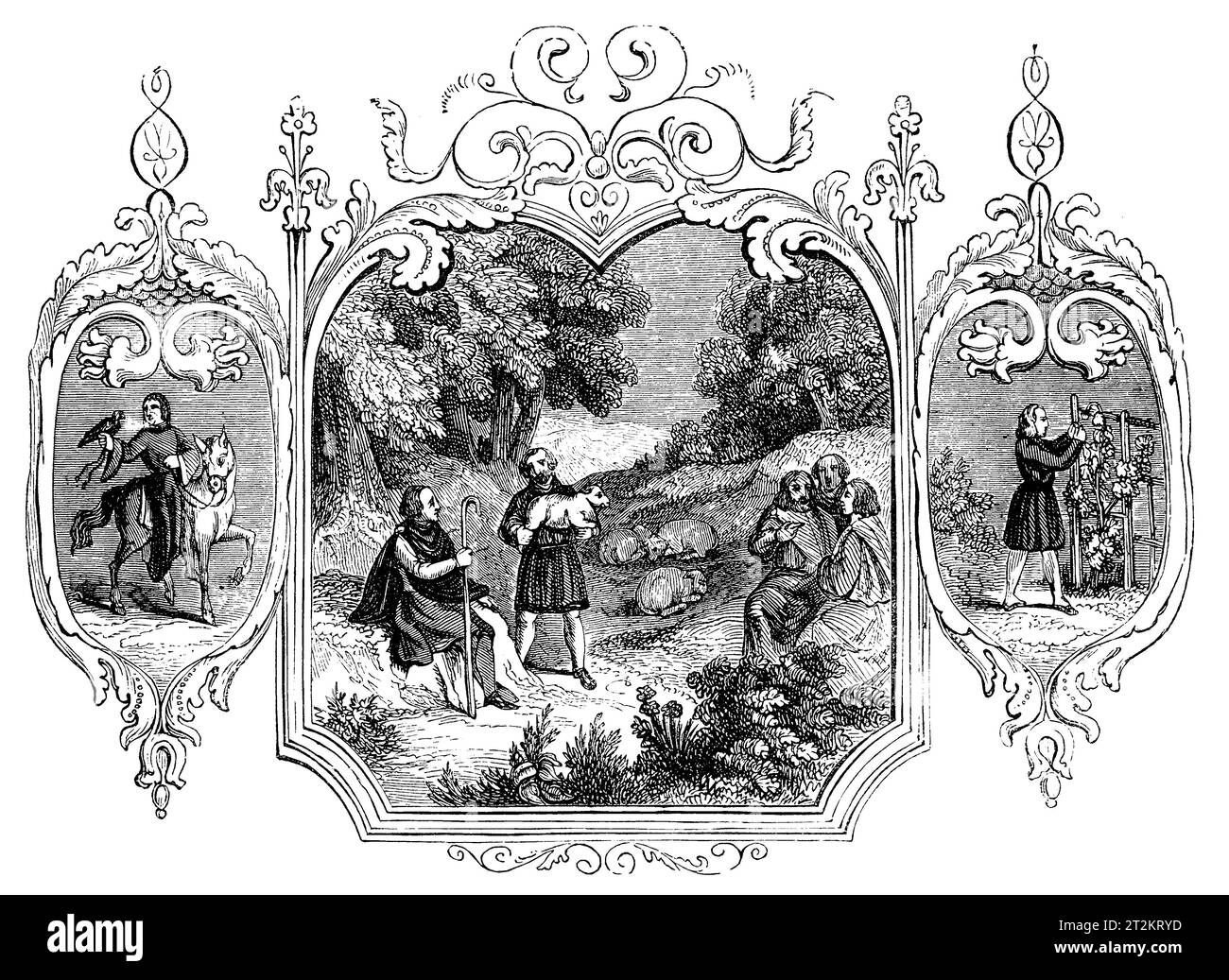 Emblemas sajones del mes de mayo. Ilustración en blanco y negro de la 'Vieja Inglaterra' publicada por James Sangster en 1860. Foto de stock