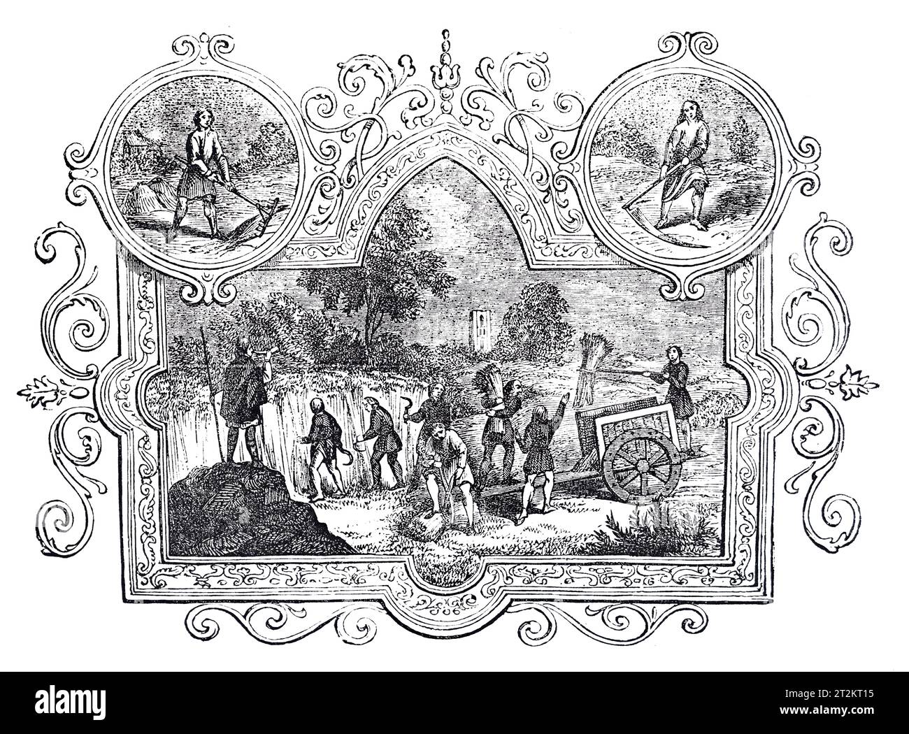 Emblemas sajones del mes de julio. Ilustración en blanco y negro de la 'Vieja Inglaterra' publicada por James Sangster en 1860. Foto de stock